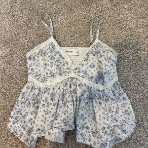 Hollister White and Blue Lace Trim Top